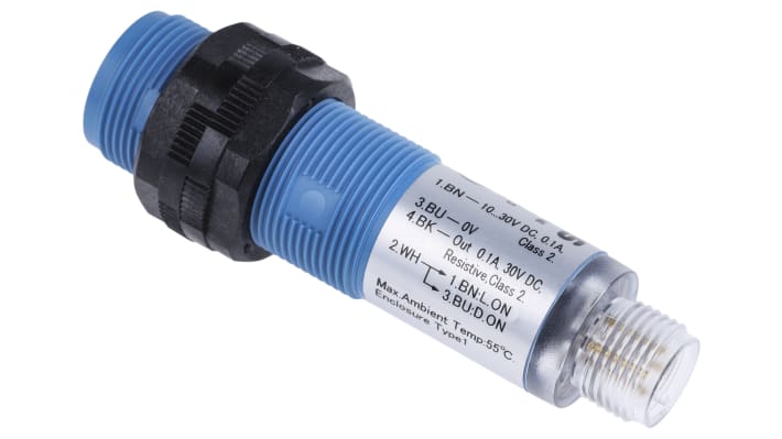 Sensore fotoelettrico cilindrico Sick VL180-2P42436, retro-riflettente, gamma 50 mm a 7 m, IP67, alimentazione 10-30V CC.