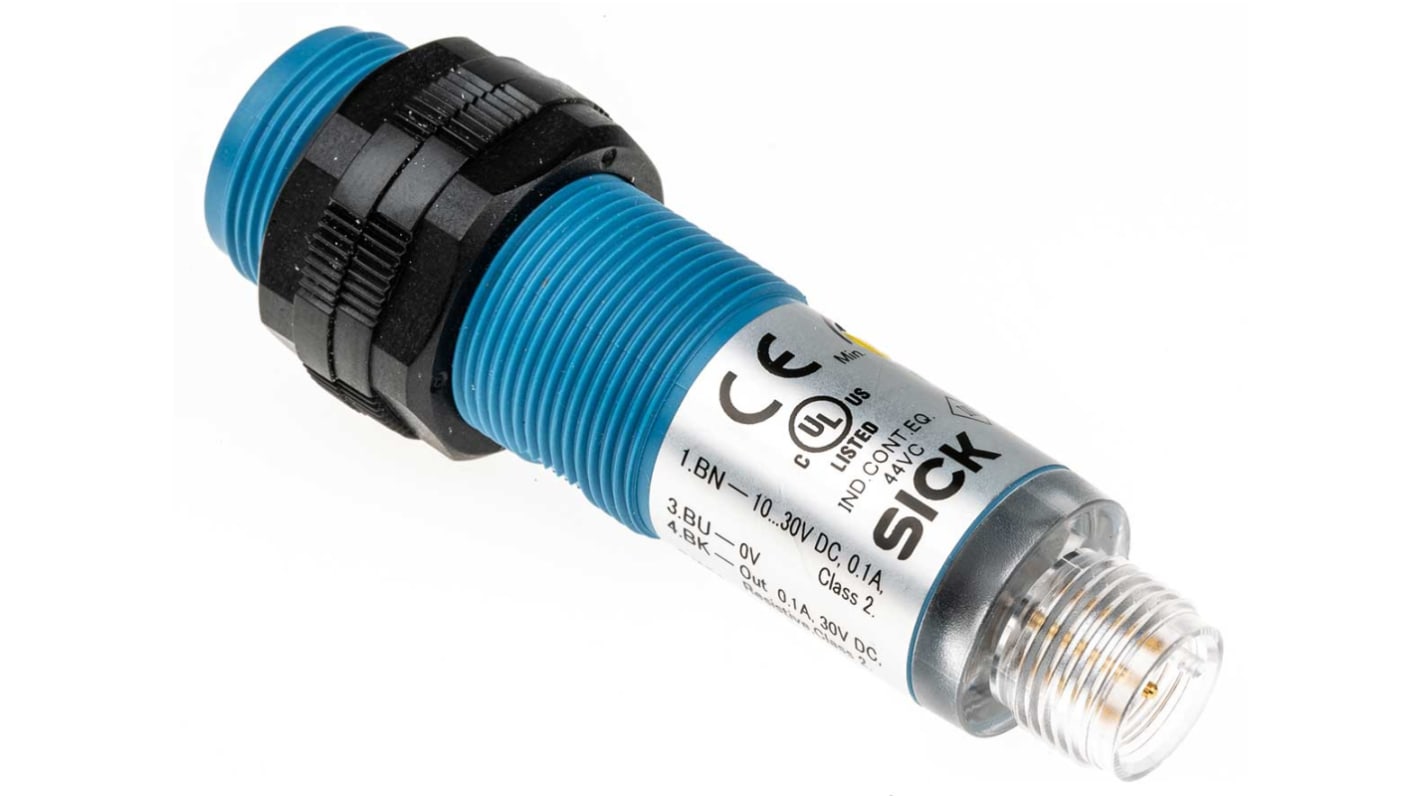 Sensore fotoelettrico cilindrico Sick VTE180-2P42447, rilevamento 1-500 mm, uscita PNP, connettore M12, IP67.