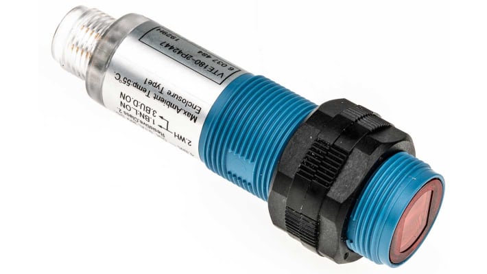 Sensore fotoelettrico cilindrico Sick VTE180-2P42447, rilevamento 1-500 mm, uscita PNP, connettore M12, IP67.