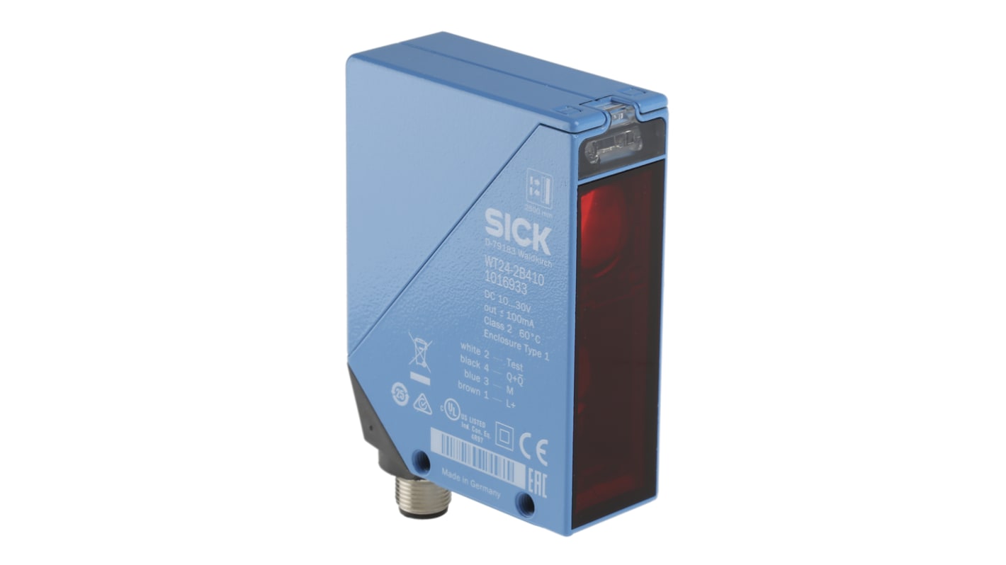 Sensore fotoelettrico Sick WT24-2B410, rettangolare, gamma 100 mm a 2,5 m, corpo in zinco, montaggio a pannello, dimensioni 87,5 x 27 x 65 mm.