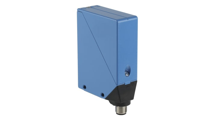 Sensore fotoelettrico Sick WT24-2B410, rettangolare, gamma 100 mm a 2,5 m, corpo in zinco, montaggio a pannello, dimensioni 87,5 x 27 x 65 mm.