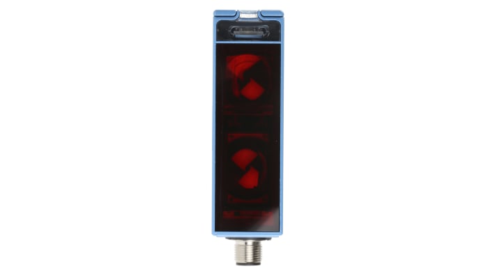 Sensore fotoelettrico Sick WT24-2B410, rettangolare, gamma 100 mm a 2,5 m, corpo in zinco, montaggio a pannello, dimensioni 87,5 x 27 x 65 mm.