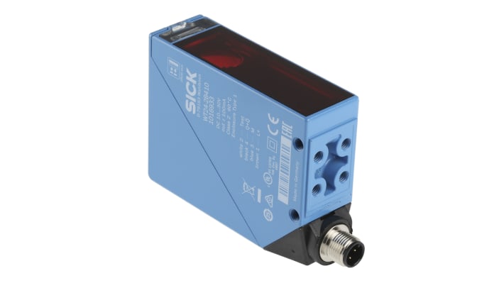 Sensore fotoelettrico Sick WT24-2B410, rettangolare, gamma 100 mm a 2,5 m, corpo in zinco, montaggio a pannello, dimensioni 87,5 x 27 x 65 mm.