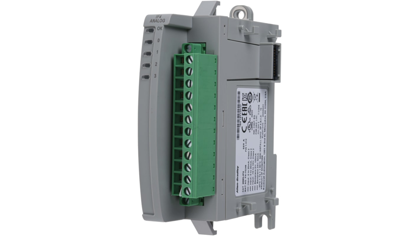 Modulo I/O Allen Bradley 2085-IF4 per PLC Micro850, montaggio su guida DIN, dimensioni 90 x 87 x 28 mm, supporta ingressi analogici e digitali.