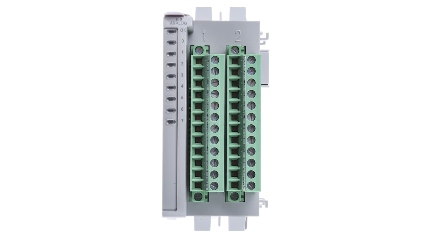 Modulo I/O Allen Bradley 2085-IF8 per PLC Micro850, espansione fino a 8 ingressi, montaggio su guida DIN, dimensioni 90 x 87 x 28 mm.