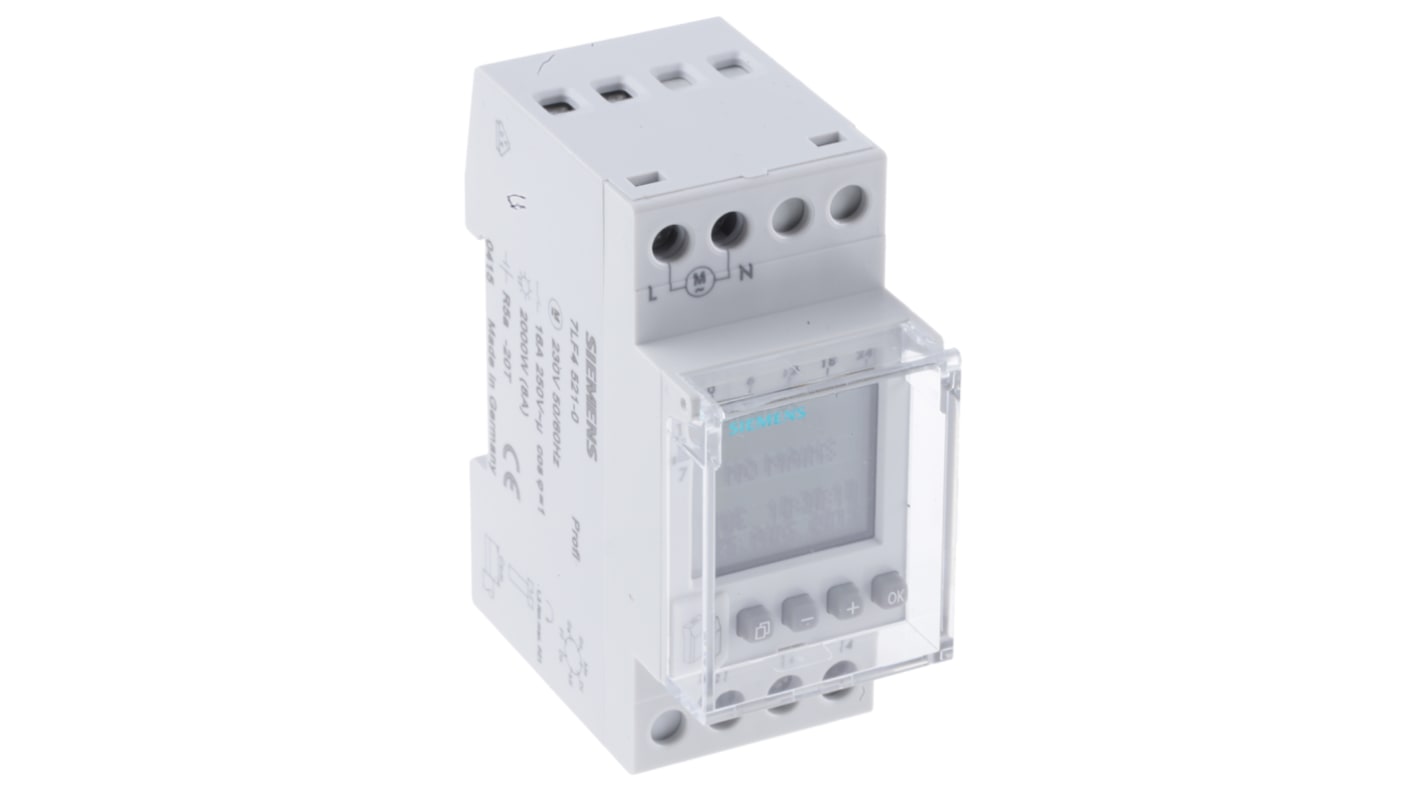 Temporizzatore Siemens 7LF4521-0 per guida DIN, 230 V, SPDT, 56 programmi settimanali, dimensioni 83 mm x 70 mm.