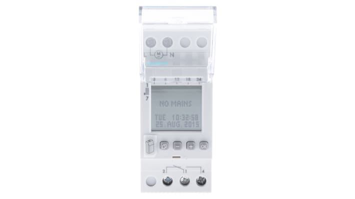 Temporizzatore Siemens 7LF4521-0 per guida DIN, 230 V, SPDT, 56 programmi settimanali, dimensioni 83 mm x 70 mm.