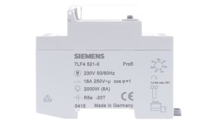 Temporizzatore Siemens 7LF4521-0 per guida DIN, 230 V, SPDT, 56 programmi settimanali, dimensioni 83 mm x 70 mm.