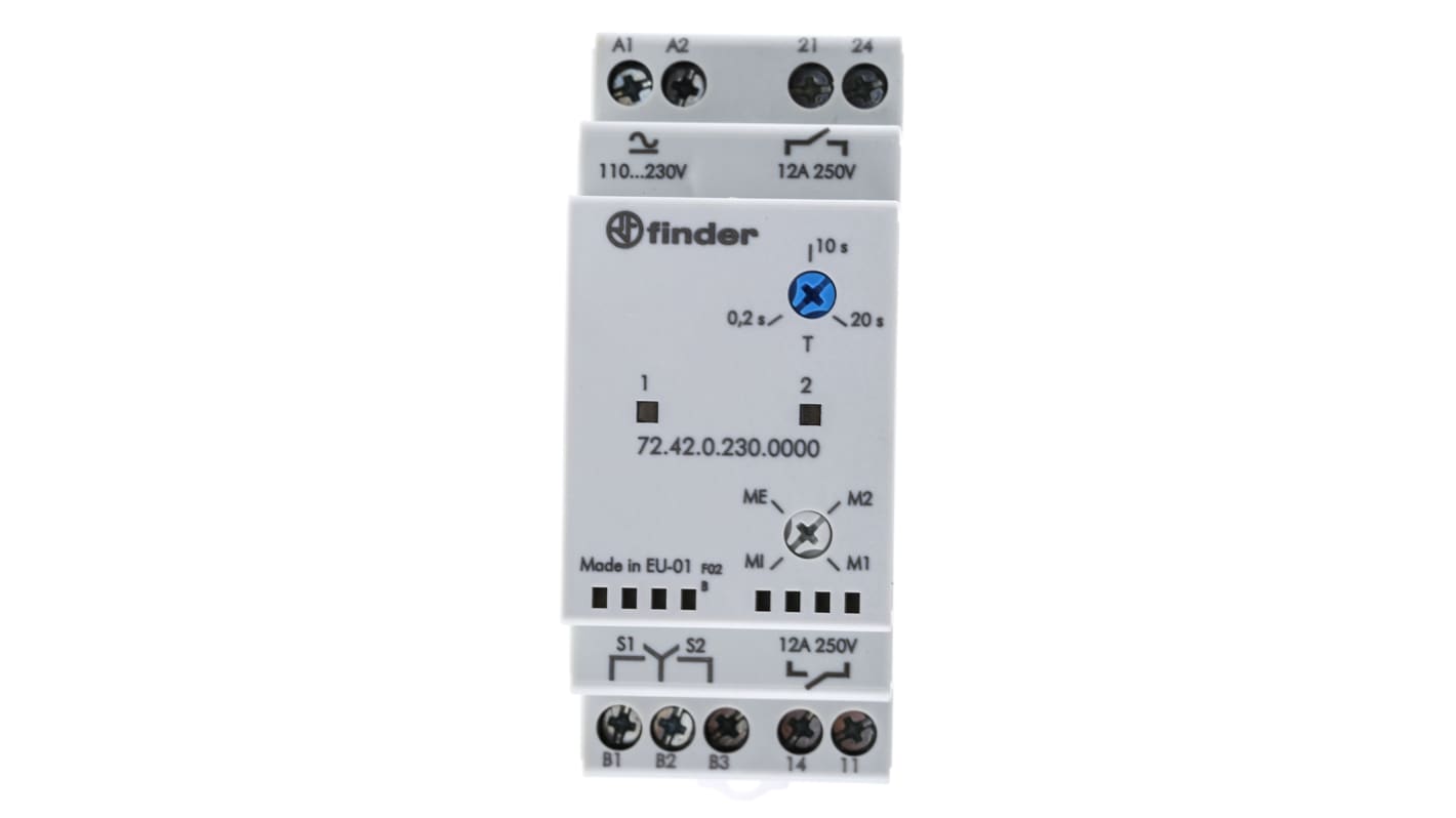 Finder 72.42.0.230.0000, relè di monitoraggio DPST, 2 uscite NA, montaggio su guida DIN, corrente 12 A, ritardo 0.2-20 s.