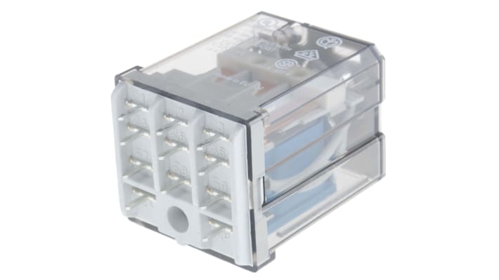 Finder 62.23.9.024.0000, relè di potenza 3PDT, bobina 24V cc, montaggio su PCB, dimensioni 38.2mm x 49.1mm.