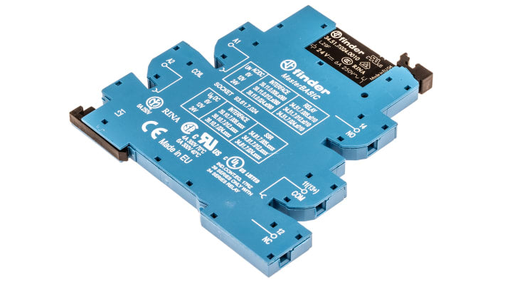 Finder 39.11.0.024.0060, relè d'interfaccia per guida DIN, bobina 24V, contatti SPDT, dimensioni 6.2 x 90.7 x 87mm.