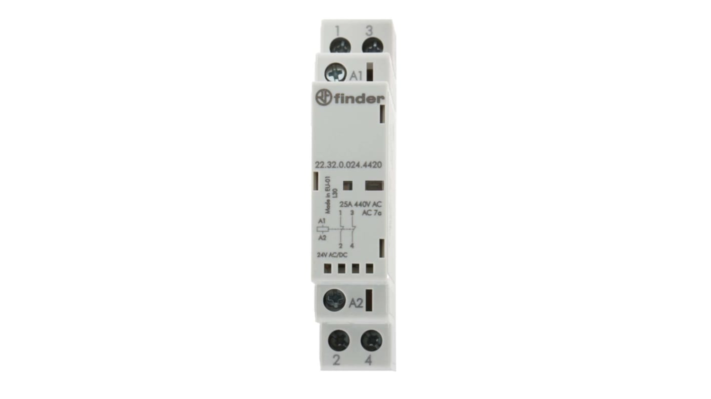 Contattore Finder 22.32.0.024.4520, 2 poli, 25 A, bobina 24 V, montaggio su guida DIN 35 mm, dimensioni 17.5 mm x 60.8 mm.