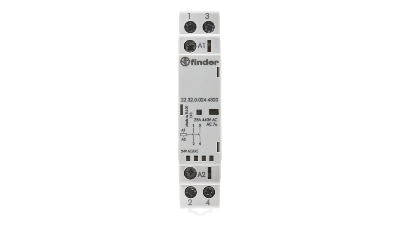 Contattore Finder 22.32.0.024.4320, 2 poli, 25 A, bobina 24 V, montaggio su guida DIN 35 mm, dimensioni 17.5 mm x 60.8 mm.