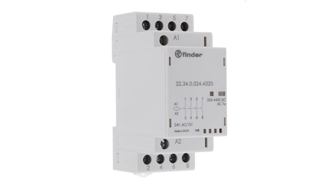 Contattore Finder 22.34.0.024.4320, 4 poli, 25 A, bobina 24 V, montaggio su guida DIN 35 mm, temperatura -20/+50 °C.
