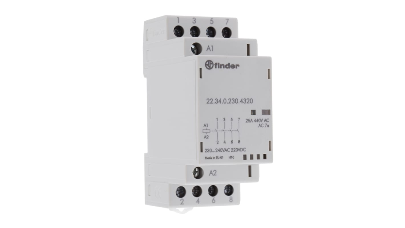 Finder 22.34.0.230.4320, contattore 4 poli 25 A, montaggio su guida DIN, dimensioni 35 x 60.8 mm, tensione 240 V CA.
