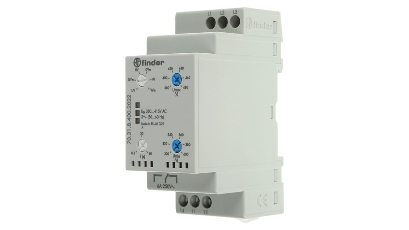 Finder 70.31.8.400.2022, relè di monitoraggio tensione SPDT, 300-480V, montaggio su guida DIN, dimensioni 60,8 x 35 x 88,8 mm.