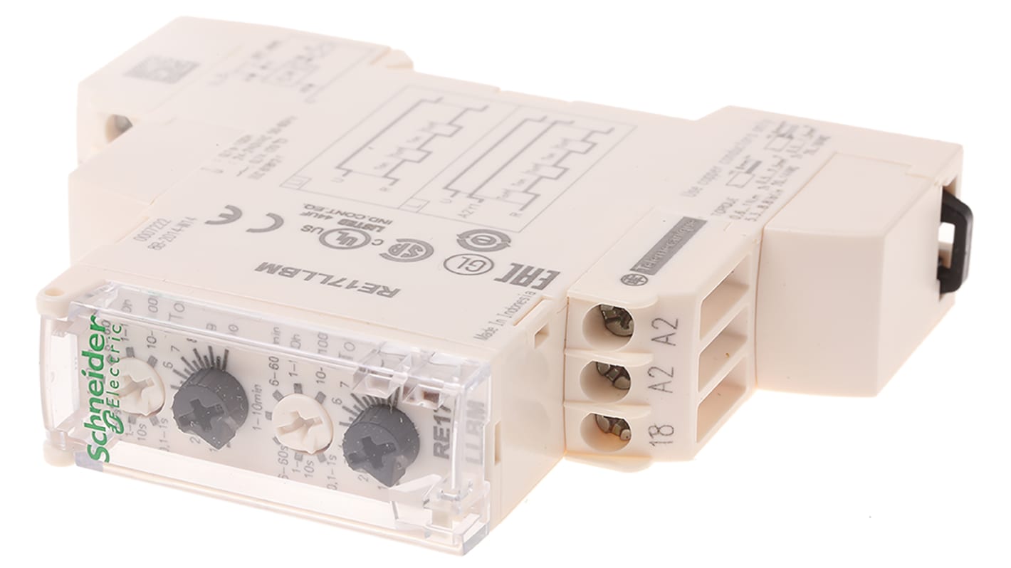 Relè temporizzatore Schneider Electric RE17LLBM con lampeggiatore asimmetrico, multitensione e uscita a stato solido. Montaggio su guida DIN, ideale per automazione PLC. LED indicatore incluso.