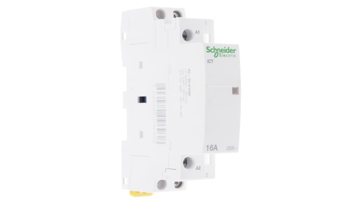 Contattore monofase Schneider Electric A9C22111, serie Acti 9 iCT, 16 A, 24 V c.a., montaggio su guida DIN, dimensioni 81x18x68 mm.