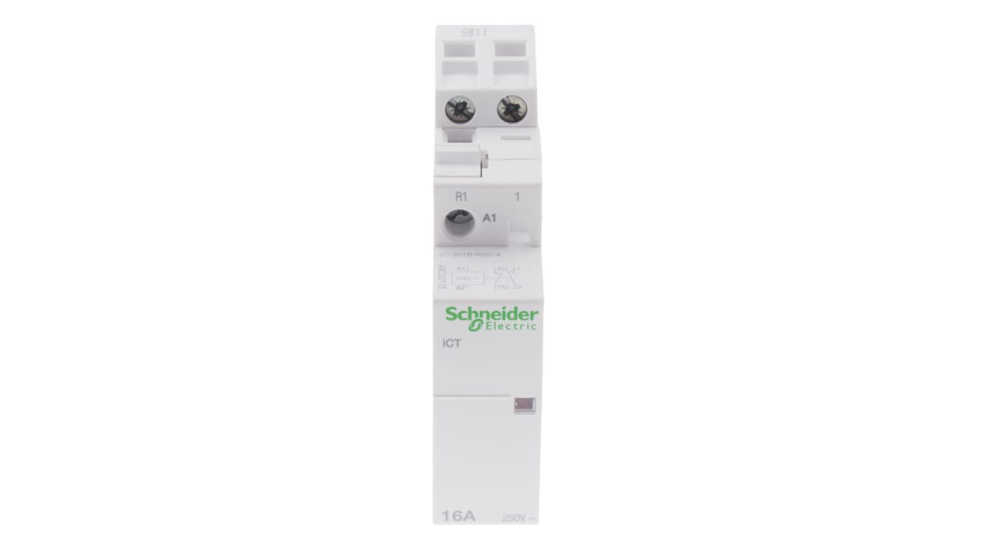 Contattore Schneider Electric A9C22115, serie iCT, 2 poli, 1 NO + 1 NC, montaggio su guida DIN, dimensioni 81x18x68 mm.
