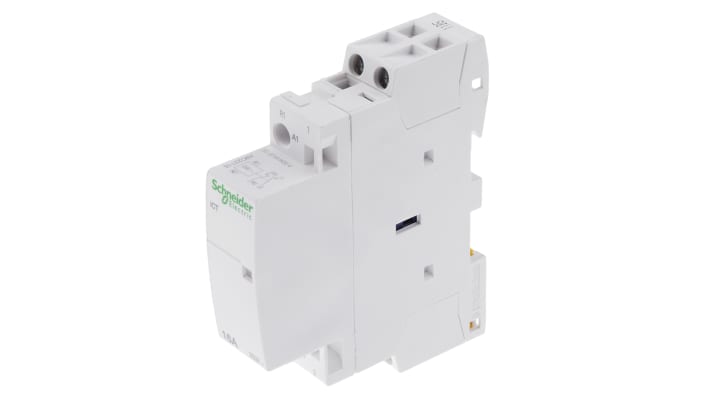 Contattore Schneider Electric A9C22115, serie iCT, 2 poli, 1 NO + 1 NC, montaggio su guida DIN, dimensioni 81x18x68 mm.