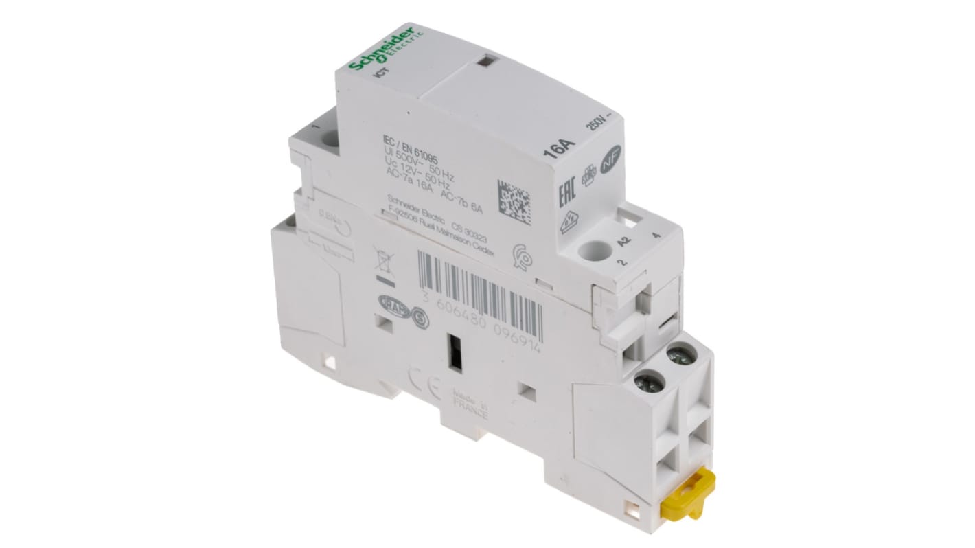 Contattore Schneider Electric A9C22012, serie iCT, 2 poli, 16 A, bobina 12 V c.a., montaggio su guida DIN, dimensioni 81x18x68 mm.