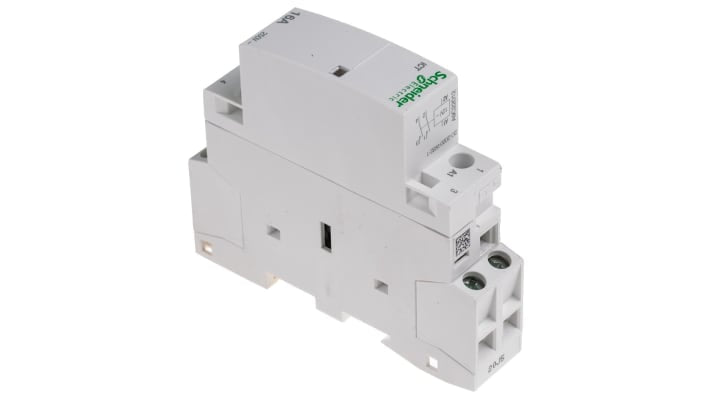 Contattore Schneider Electric A9C22012, serie iCT, 2 poli, 16 A, bobina 12 V c.a., montaggio su guida DIN, dimensioni 81x18x68 mm.