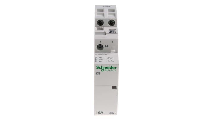 Contattore Schneider Electric A9C22012, serie iCT, 2 poli, 16 A, bobina 12 V c.a., montaggio su guida DIN, dimensioni 81x18x68 mm.