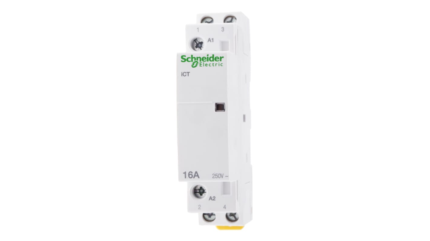 Contattore Schneider Electric A9C22112 iCT 2P 2NO 16A 24V CA per carichi monofase/trifase. Montaggio su guida DIN, isolamento di classe 2. Ideale per applicazioni industriali.