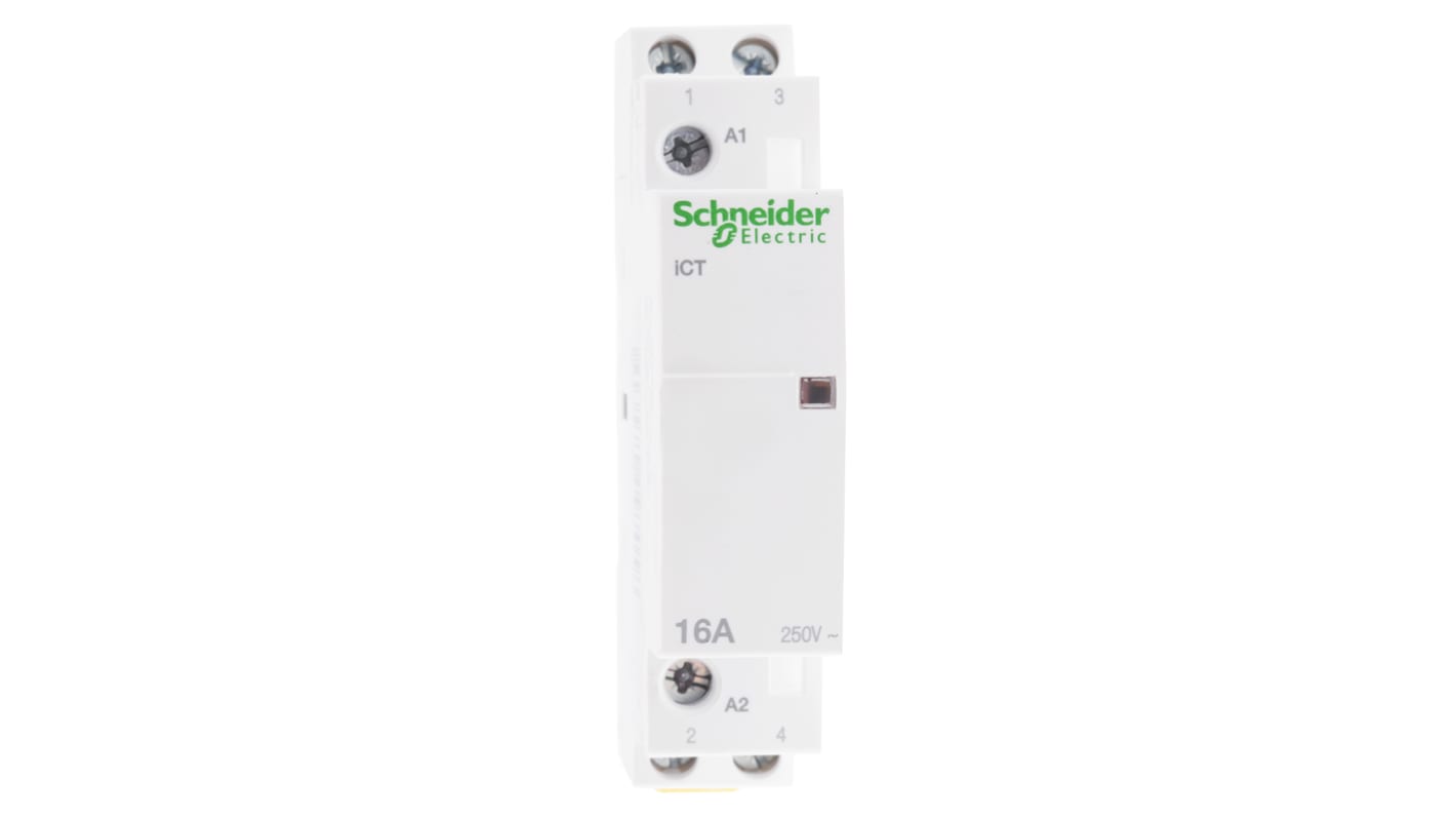 Contattore Schneider Electric iCT A9C22712: 2P 16A 230V, contatti ausiliari integrati, montaggio versatile. Sicurezza e facilità d'uso per carichi monofase/trifase.