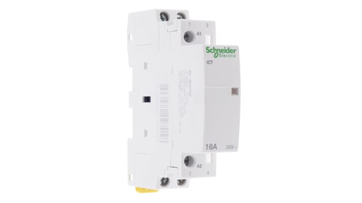 Contattore Schneider Electric iCT A9C22712: 2P 16A 230V, contatti ausiliari integrati, montaggio versatile. Sicurezza e facilità d'uso per carichi monofase/trifase.