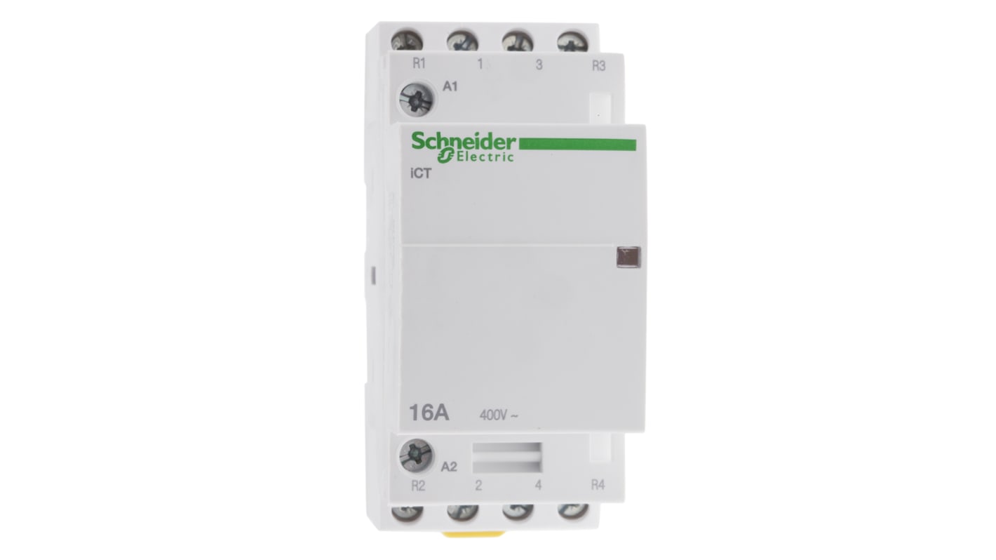 Contattore Schneider Electric A9C22818, 4 poli, 2 NO + 2 NC, montaggio su guida DIN, dimensioni 36x81x68 mm.