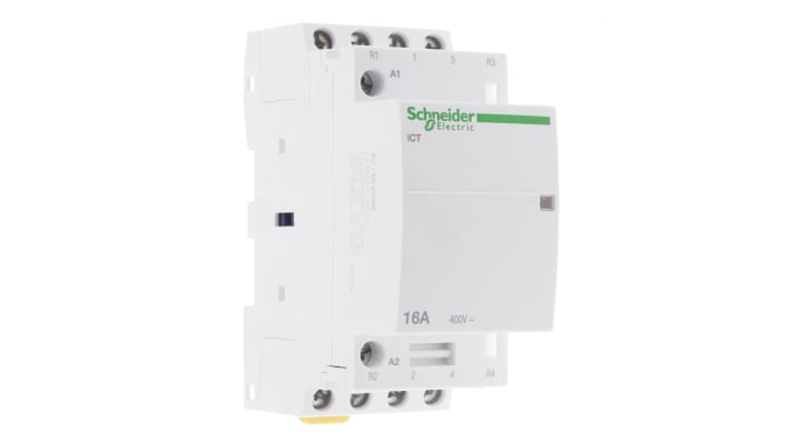 Contattore Schneider Electric A9C22818, 4 poli, 2 NO + 2 NC, montaggio su guida DIN, dimensioni 36x81x68 mm.