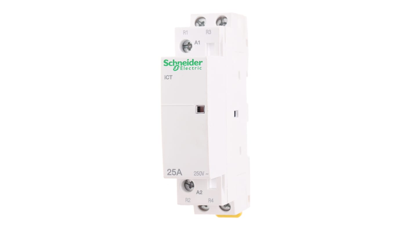 Contattore Schneider Electric Acti 9 iCT, 2P 2N/C 25A 230V BOB. Ideale per carichi monofase/trifase, con contatti ausiliari e montaggio su guida DIN.