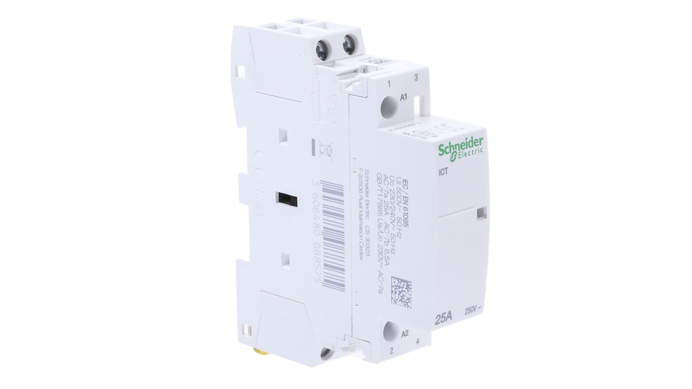 Contattore Schneider Electric iCT 2P 2NO 25A 230V - A9C20732 per motori, illuminazione e HVAC. Bobina 230V, facile installazione su guida DIN.