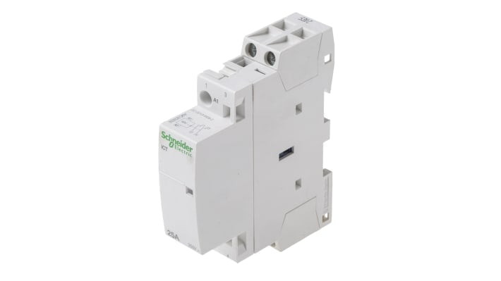 Contattore Schneider Electric A9C20232, serie iCT, 2 poli, 25 A, bobina 48 V c.a., montaggio su guida DIN, dimensioni 81x18x68 mm.