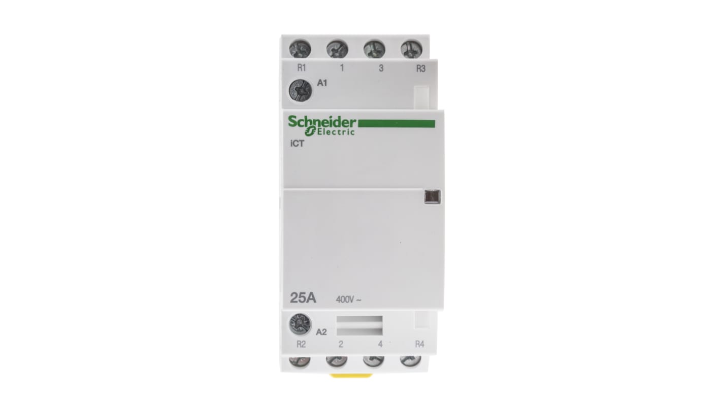 Contattore Schneider Electric A9C20838 iCT 4P 2NO + 2NC 25A 230V BOB per carichi monofase/trifase. Sicuro, facile da usare e versatile.