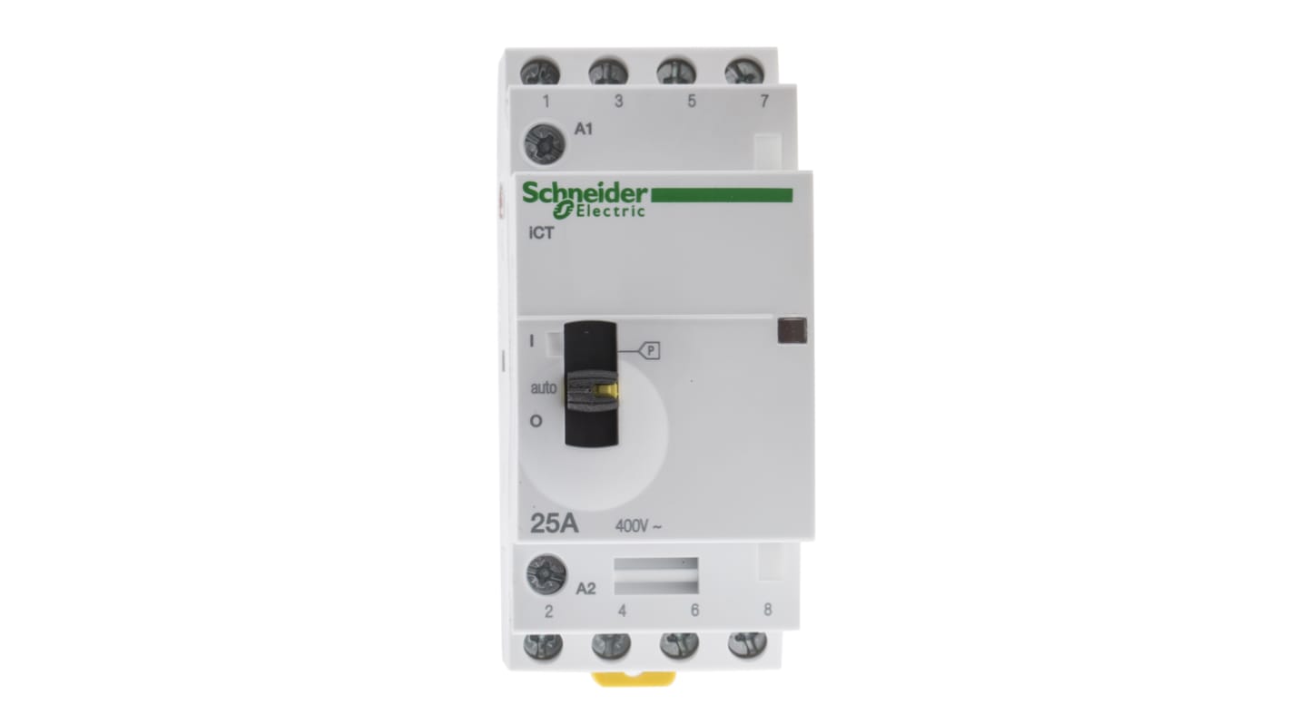 Contattore Schneider Electric Acti 9 iCT A9C21834: 4 poli, 4NO, 25A, 230V. Sicuro, facile da installare, ideale per carichi monofase/trifase.