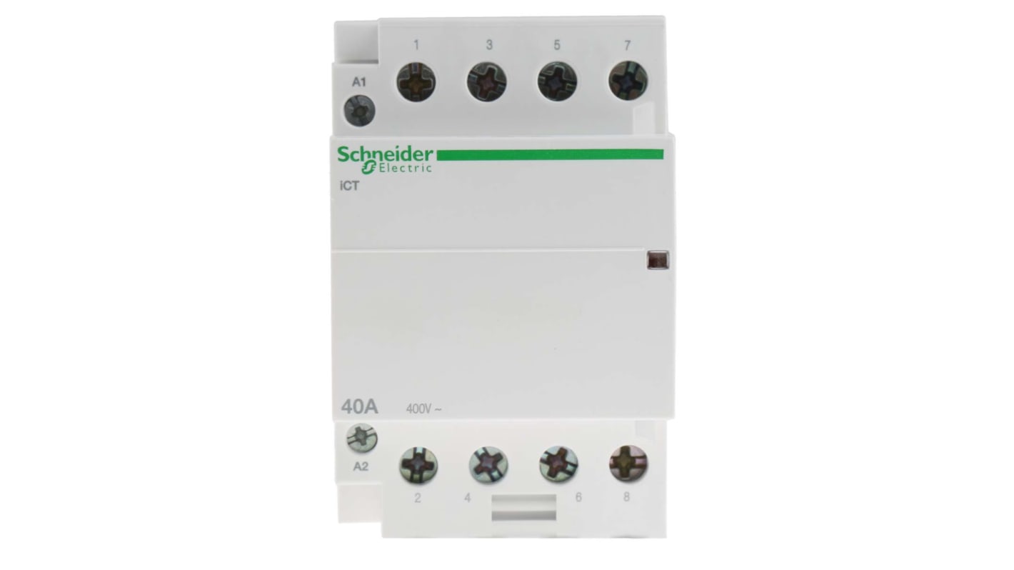 Contattore Schneider Electric A9C20844, 4 poli 40A 230V CA - Serie iCT. Protezione affidabile per motori in applicazioni residenziali e commerciali. Operabile da -5°C a +60°C.