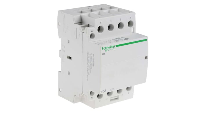 Contattore Schneider Electric A9C20844, 4 poli 40A 230V CA - Serie iCT. Protezione affidabile per motori in applicazioni residenziali e commerciali. Operabile da -5°C a +60°C.