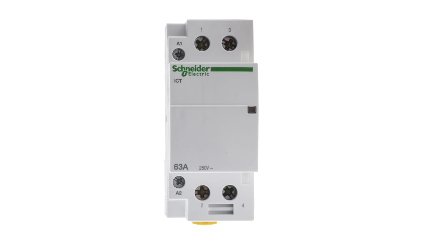 Contattore Schneider Electric A9C20162, serie iCT, 2 poli, 63 A, bobina 24 V c.a., montaggio su guida DIN, dimensioni 85x36x68 mm.
