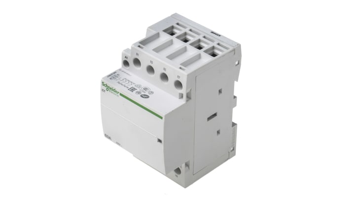 Contattore Schneider Electric A9C20867, 4 poli 4NC, 63 A, bobina 230 V, montaggio su guida DIN, dimensioni 85x54x68 mm.