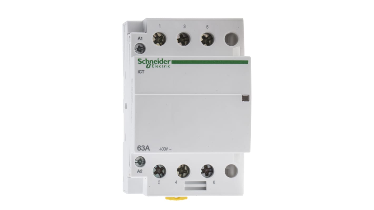 Contattore Schneider Electric A9C20863, 3 poli, 63 A, montaggio su guida DIN, dimensioni 85x54x68 mm, bobina 230 V.