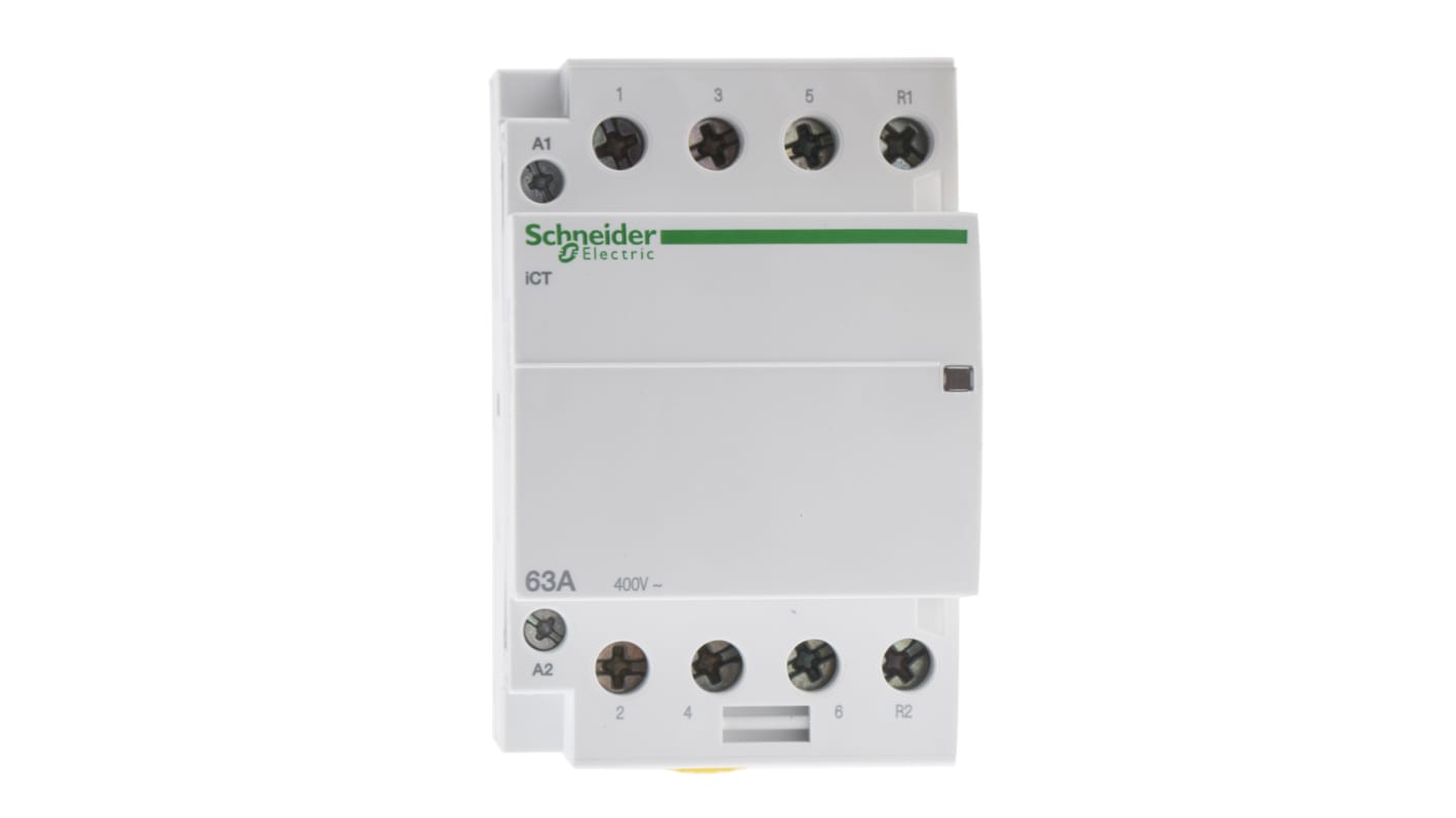 Contattore Schneider Electric A9C20869, 4 poli 3NO 1NC, 63 A, montaggio su guida DIN, dimensioni 85x54x68 mm.