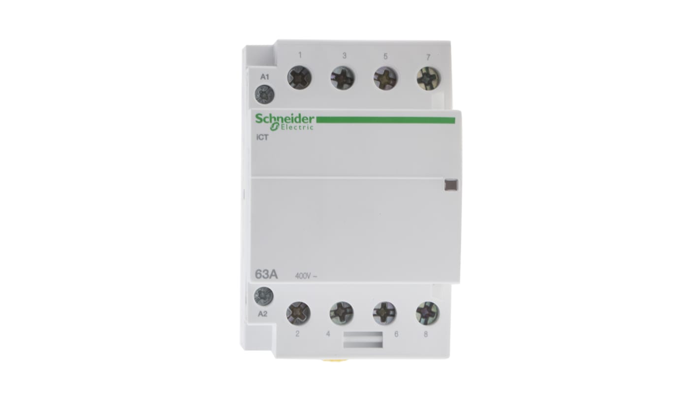 Contattore Schneider Electric iCT 4 poli 4NO 63A 24V CA - Ideale per carichi monofase/trifase, con contatti ausiliari e montaggio versatile.