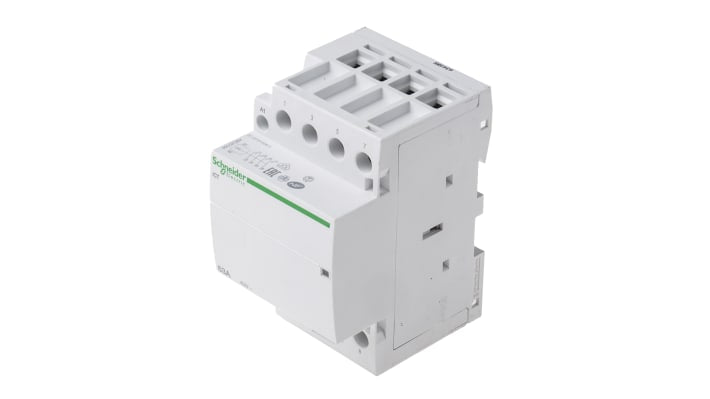 Contattore Schneider Electric iCT 4 poli 4NO 63A 24V CA - Ideale per carichi monofase/trifase, con contatti ausiliari e montaggio versatile.