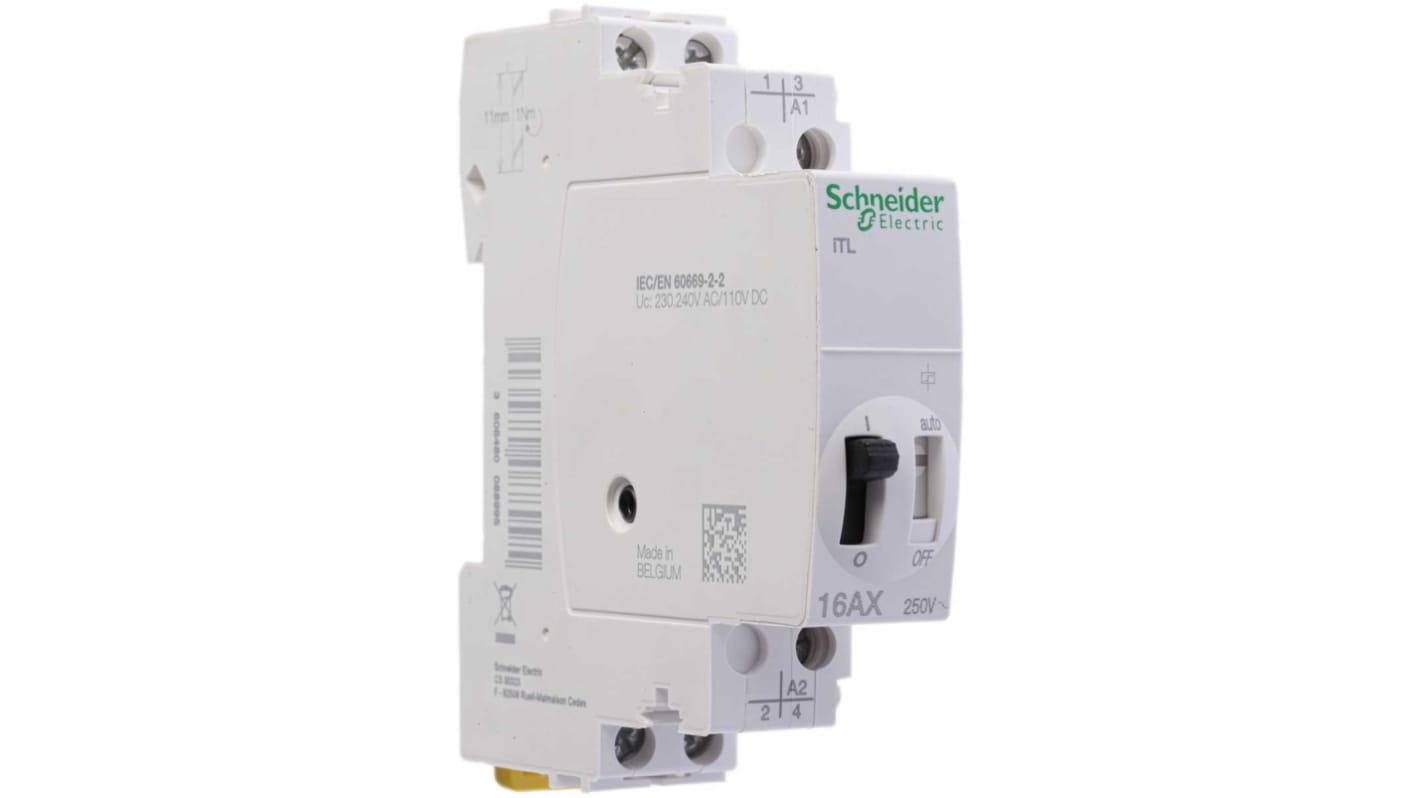 Relè di potenza Schneider Electric A9C30812 per circuiti di illuminazione, DPST 110V dc, 230-240V ca. Controllo tramite impulso, consumo energetico nullo.