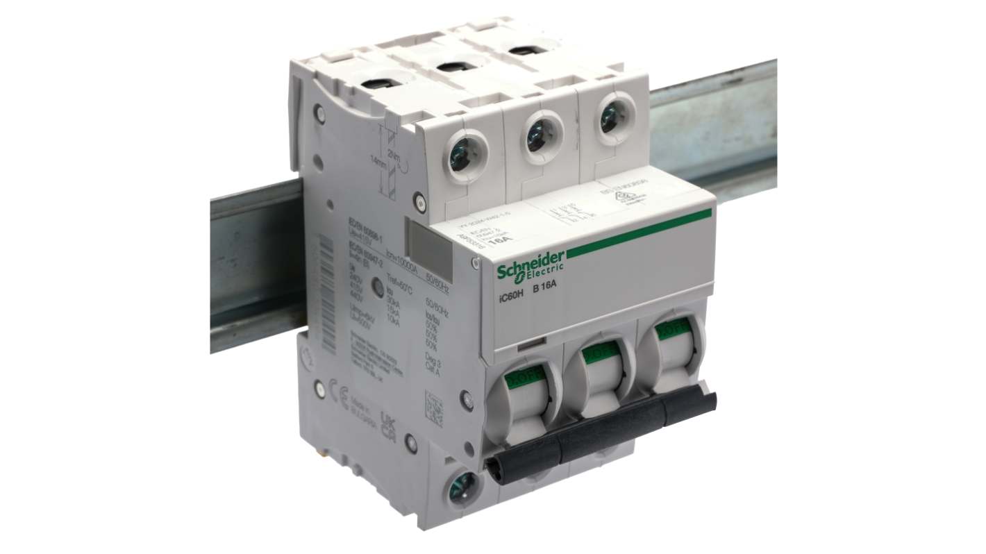 Interruttore magnetotermico Schneider Electric 3 poli, 16A, Tipo B, montaggio su guida DIN, dimensioni 85x54x78.5 mm.