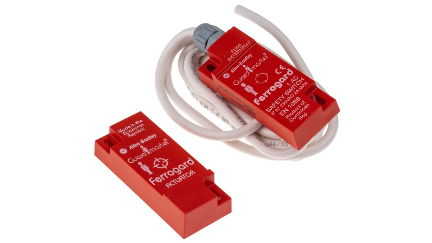 Interruttore di sicurezza senza contatto Allen Bradley Guardmaster 440N-G02001, grado di protezione IP67, cavo 2 m, dimensioni 76x30x15 mm.