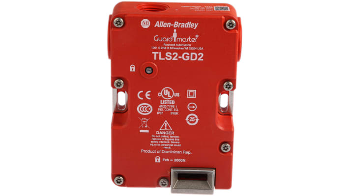 Interruttore di interblocco a solenoide Allen Bradley Guardmaster 440G-T27255, 24V, IP67, con 2 contatti NC e 1 NO, dimensioni 126x86x43 mm.