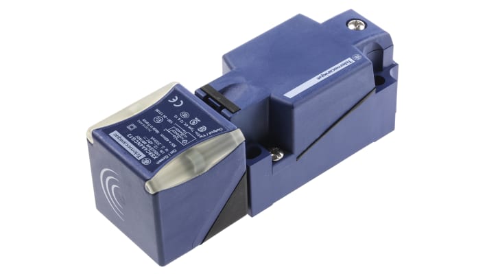 Sensore di prossimità NPN Telemecanique Sensors XS8C4A4NCG13, rilevamento 40 mm, corpo plastico, dimensioni 40x40x117 mm.